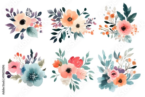 Wallpaper Mural Set of watercolor flower bouquets, clipart isolated on a white background, in pastel colors, Torontodigital.ca