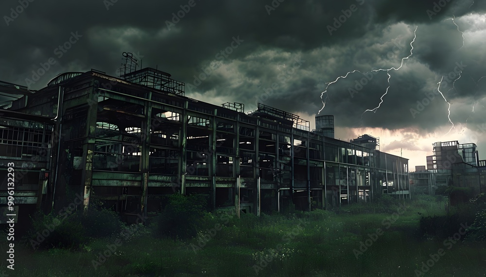 Obraz premium Abandoned Factory Under Dark Ominous Clouds 