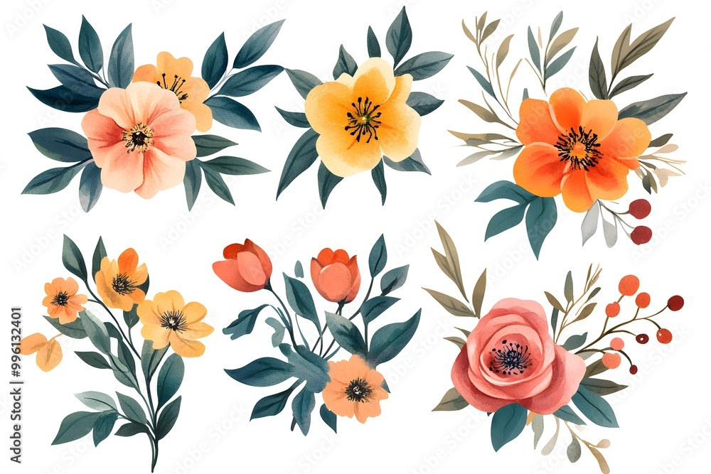 Set of watercolor flower bouquets, clipart isolated on a white background, in pastel colors, Set of watercolor flower bouquets, clipart isolated on a white background, in pastel colors,