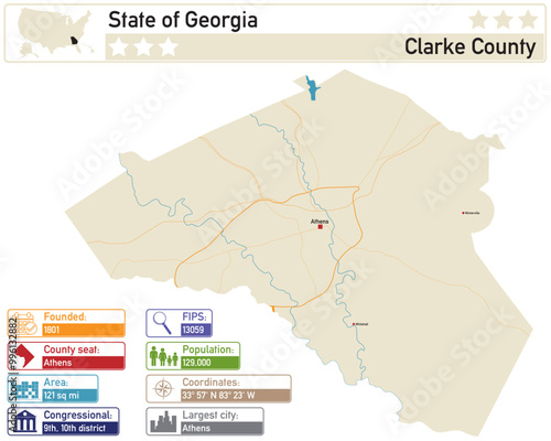 Detailed infographic and map of Clarke County in Georgia USA.