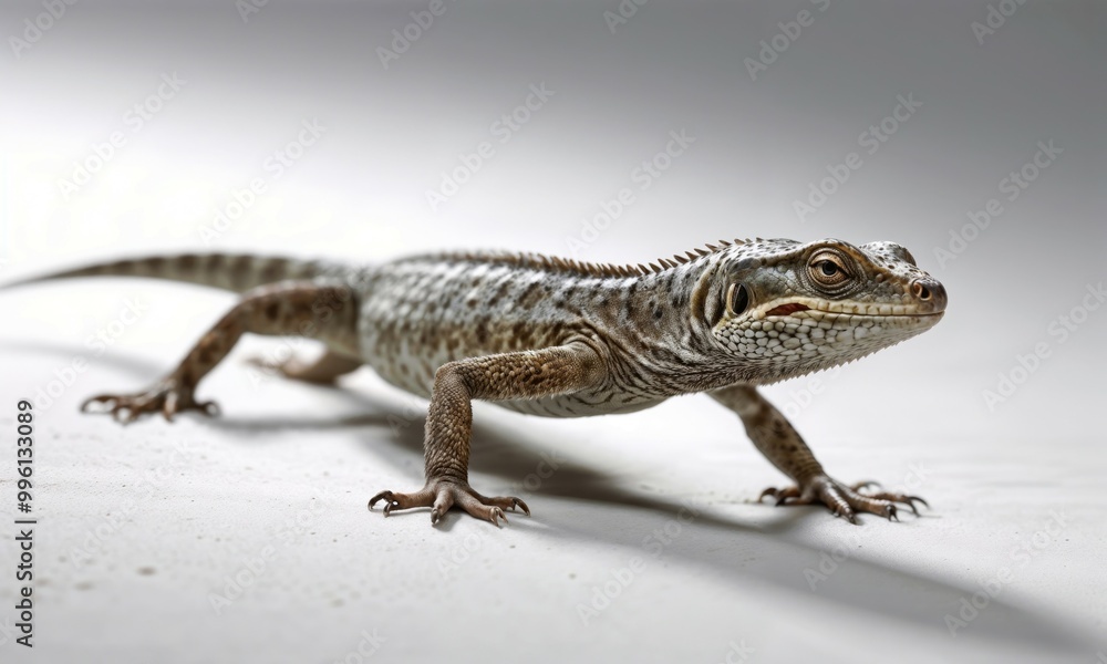 Naklejka premium A lizard is on a white surface, looking at the camera
