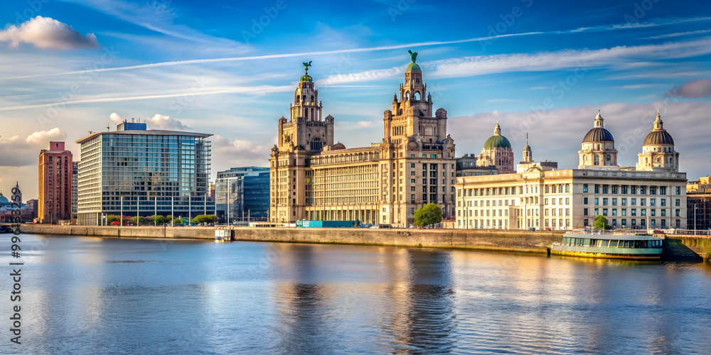 Fototapeta premium Architectural landscape along the River Mersey in Liverpool, UK , River Mersey, Liverpool, United Kingdom