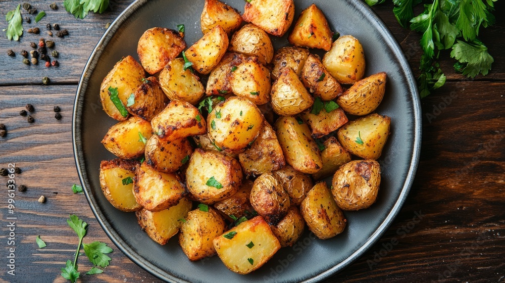 A plate of golden-brown roasted potatoes, shot from directly above. A plate of golden-brown roasted potatoes, shot from directly above.