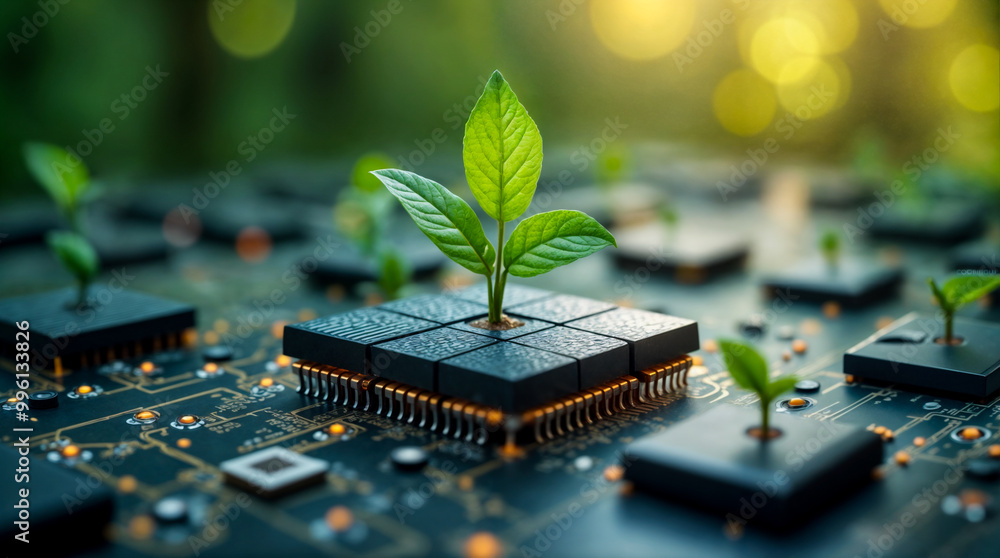 Germogli che crescono su microchip, simbolo di tecnologia sostenibile