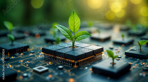 Obraz na płótnie Germogli che crescono su microchip, simbolo di tecnologia sostenibile w salonie
