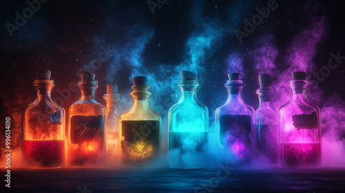 Mysterious potion bottles glowing with eerie colors create spooky atmosphere, perfect for Halloween or fantasy themes. vibrant hues and fog enhance magical essence