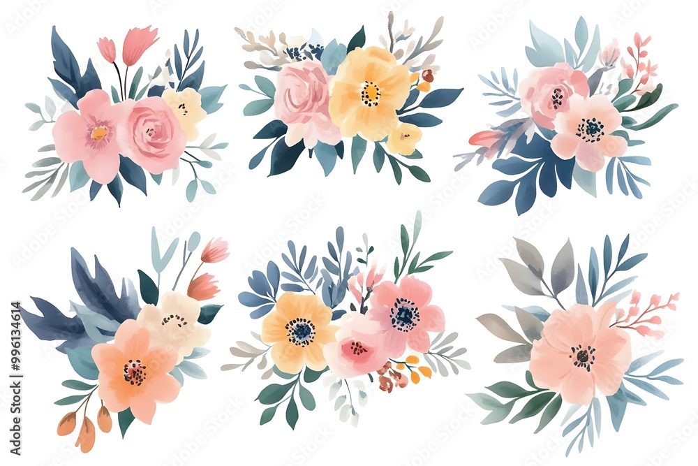 Set of watercolor flower bouquets, clipart isolated on a white background, in pastel colors, Set of watercolor flower bouquets, clipart isolated on a white background, in pastel colors,