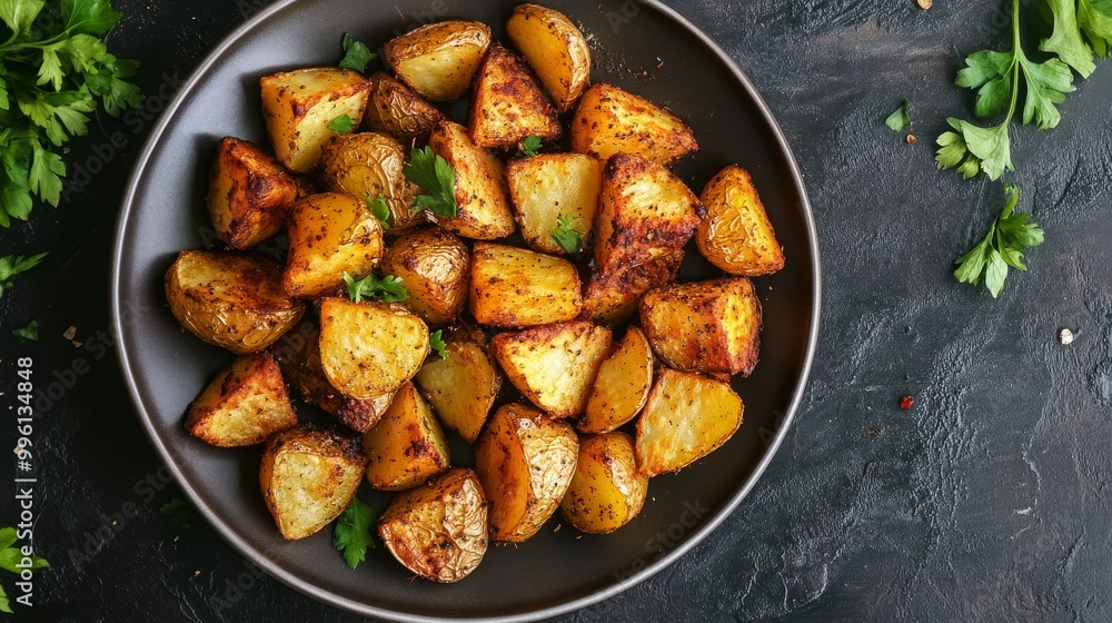 A plate of golden-brown roasted potatoes, shot from directly above. A plate of golden-brown roasted potatoes, shot from directly above.