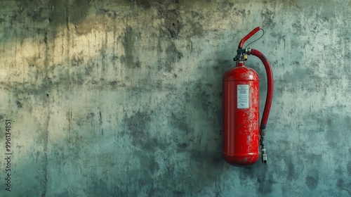 A red fire extinguisher hangs on a concrete wall. It's safety equipment in a factory or industrial area.