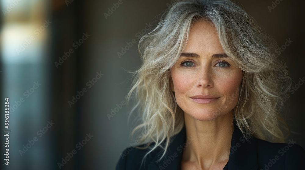Confident Woman with Blonde Wavy Hair Looking at Camera Confident Woman with Blonde Wavy Hair Looking at Camera