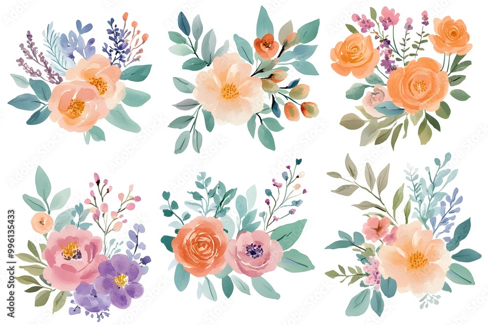 Obraz premium Set of watercolor flower bouquets, clipart isolated on a white background, in pastel colors,