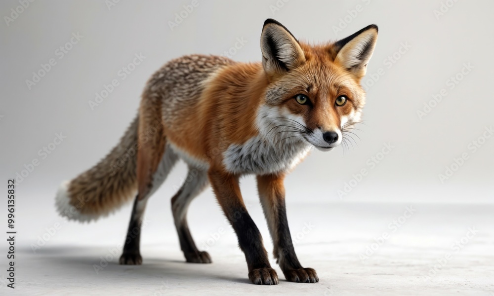 Fototapeta premium A red fox on a white surface, curiously gazing at the camera