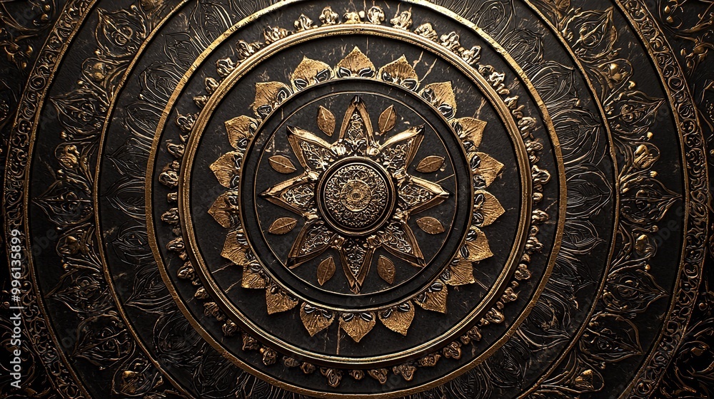 a circular, intricate design with a central point, surrounded by smaller circles and detailed patterns. a metallic, aged look. a circular, intricate design with a central point, surrounded by smaller circles and detailed patterns. a metallic, aged look.