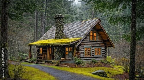 Moss-Covered Cabin in a Lush Forest