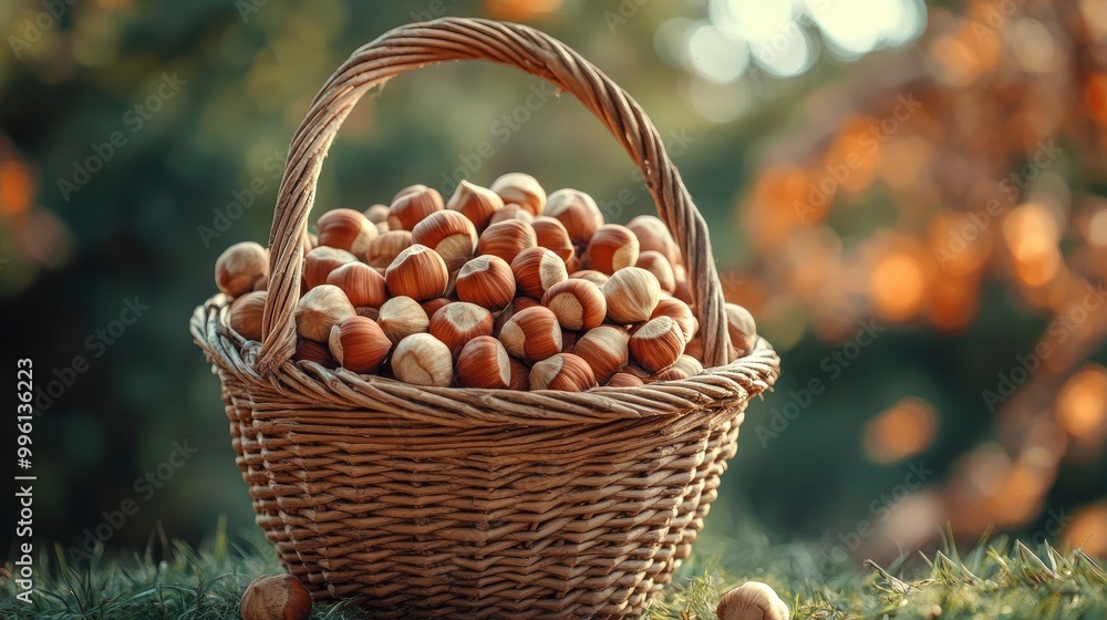 close-up view of hazelnuts in a wicker basket with the garden as the backdrop. a newly harvested hazelnut crop. Thanksgiving. concept of harvesting gardens. close-up view of hazelnuts in a wicker basket with the garden as the backdrop. a newly harvested hazelnut crop. Thanksgiving. concept of harvesting gardens.