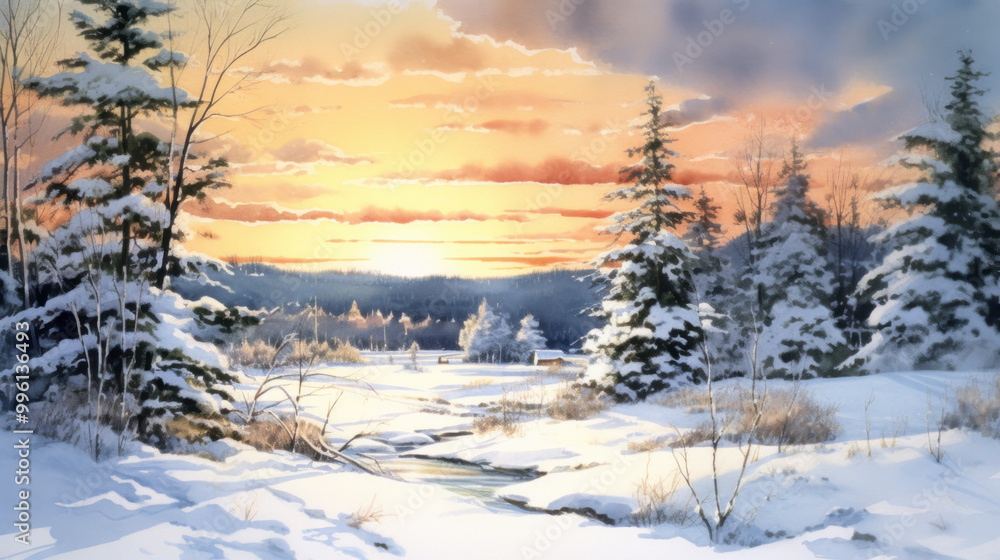 Watercolor of a snowy Christmas landscape Watercolor of a snowy Christmas landscape