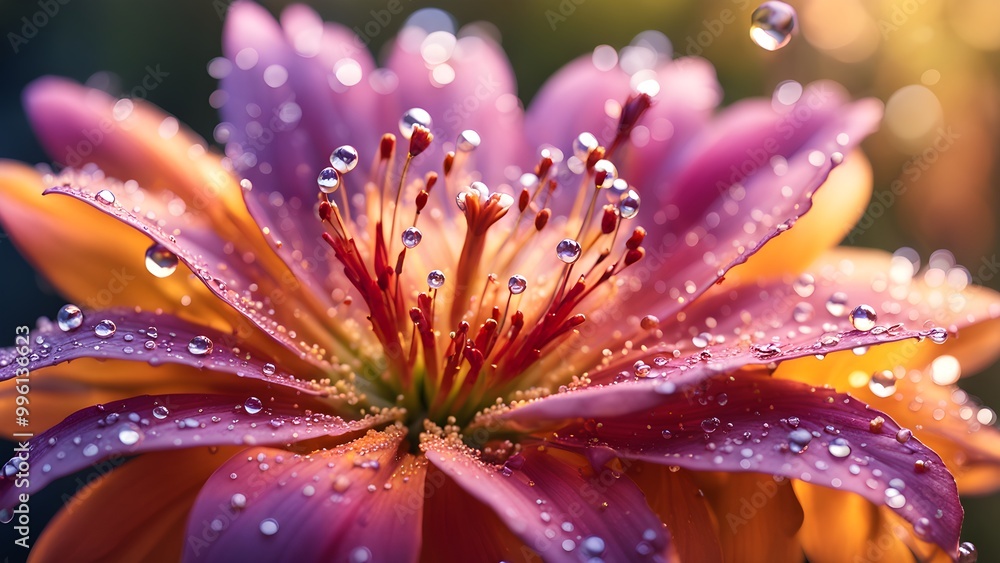 Close-up of a vibrant pink and orange flower with water droplets.