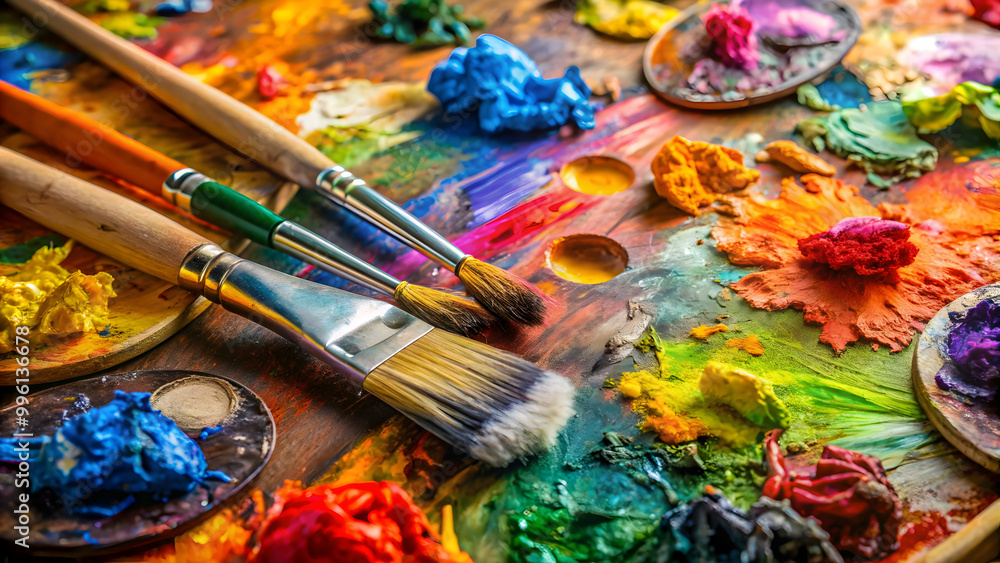 a close-up shot of a vibrant painting palette with various colors and tools, paint, art, palette, colors, artist, creativity a close-up shot of a vibrant painting palette with various colors and tools, paint, art, palette, colors, artist, creativity