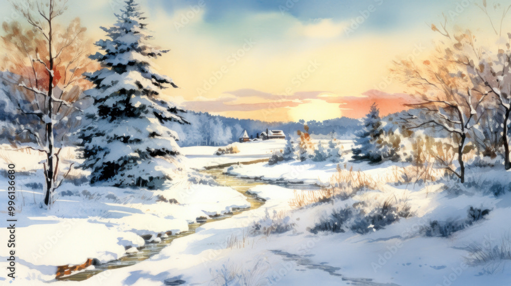Watercolor of a snowy Christmas landscape