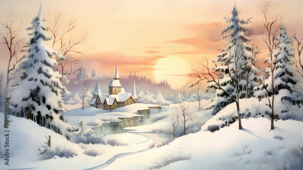 Obraz premium Watercolor of a snowy Christmas landscape