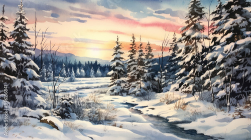 Wallpaper Mural Watercolor of a snowy Christmas landscape Torontodigital.ca