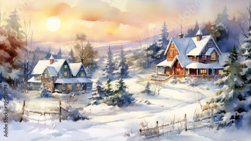 Watercolor of a snowy Christmas landscape