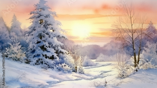 Wallpaper Mural Watercolor of a snowy Christmas landscape Torontodigital.ca