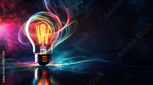 vibrant light bulb surrounded by swirling colorful lines creates mesmerizing visual effect, evoking sense of creativity and inspiration. interplay of light and color captivates viewers imagination