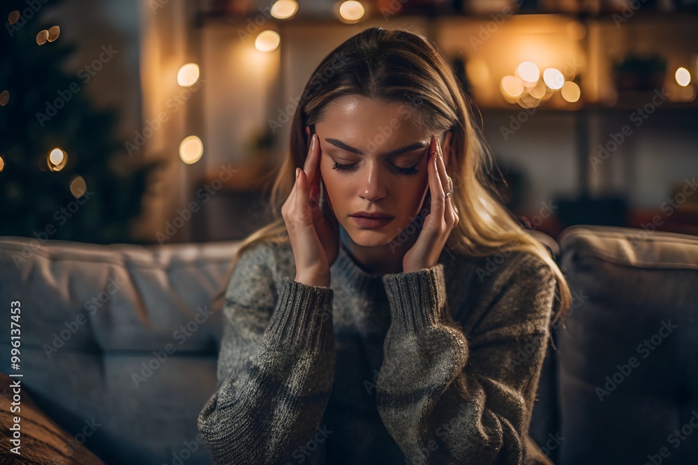 Young woman in cozy sweater experiencing intense headache, eyes closed, hands on temples. Soft lighting and blurred background create intimate atmosphere. Young woman in cozy sweater experiencing intense headache, eyes closed, hands on temples. Soft lighting and blurred background create intimate atmosphere.