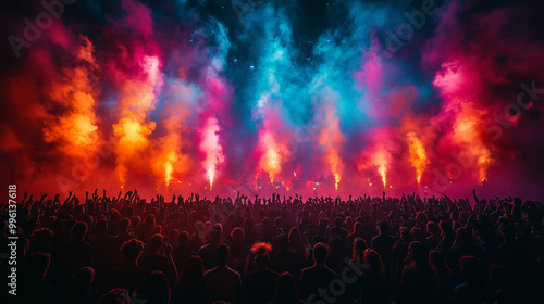 Vibrant concert scene with an energetic crowd of fans, hands raised in excitement and colorful smoke billowing from the stage, creating a dynamic atmosphere