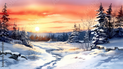 Wallpaper Mural Watercolor of a snowy Christmas landscape Torontodigital.ca