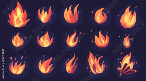 A set of fire flame icons, perfect for representing campfires, bonfires, or flames.  These are vector illustrations, meaning they can be resized without losing quality. photo