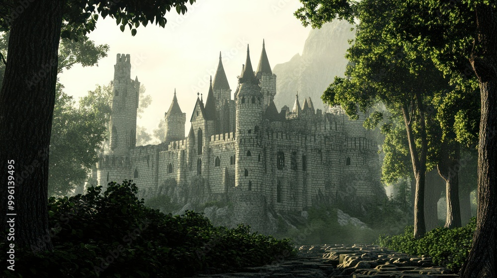 Obraz premium A Stone Castle Emerging from a Misty Forest