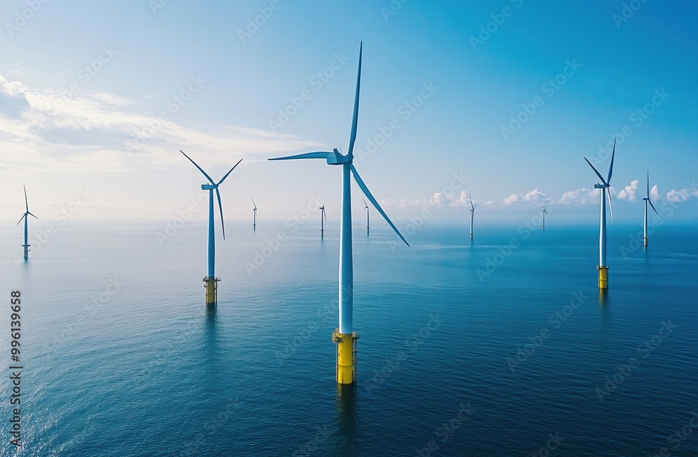 A group of wind turbines are in the ocean, with the water in the background A group of wind turbines are in the ocean, with the water in the background