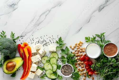 neat flatlay arrangement vegan food products white marble kitchen counter Include tofu quinoa almond milk fresh herbs legumes surrounded slices avocado colorful bell peppers fresh greens minimalist de photo