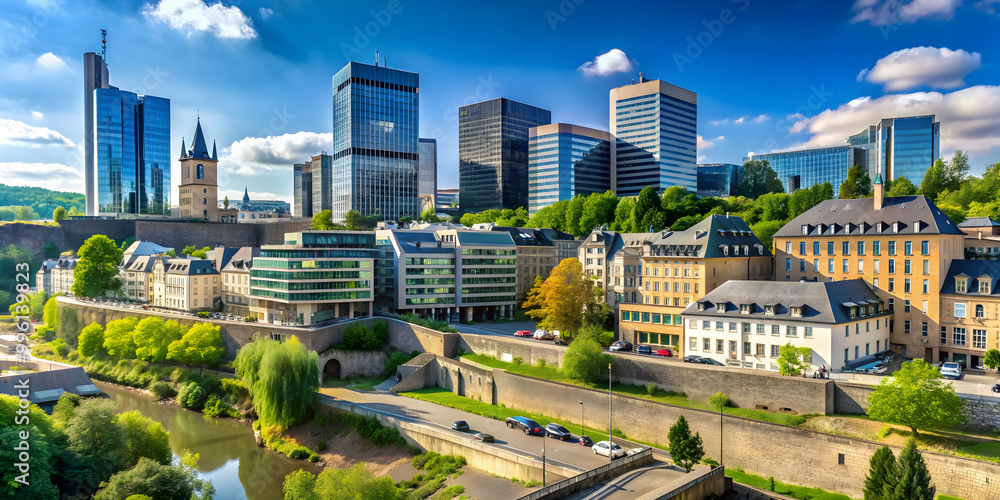 Obraz premium Business district with modern office buildings in Luxembourg City, Luxembourg, cityscape, financial center, skyscrapers