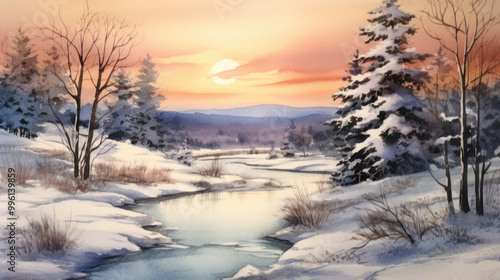 Wallpaper Mural Watercolor of a snowy Christmas landscape Torontodigital.ca