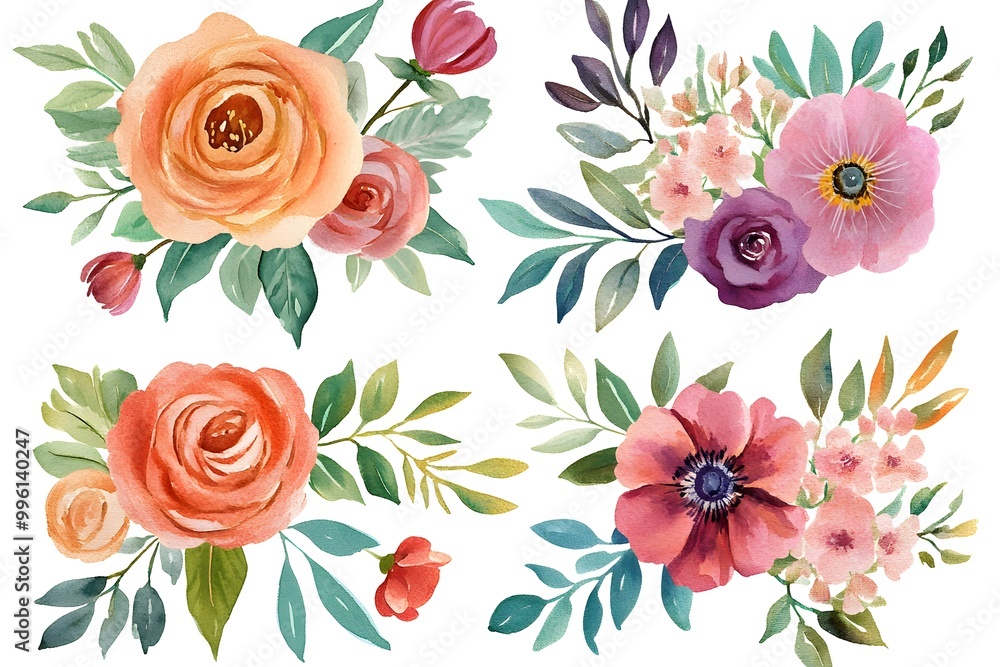 Set of watercolor flower bouquets, clipart isolated on a white background, in pastel colors, Set of watercolor flower bouquets, clipart isolated on a white background, in pastel colors,