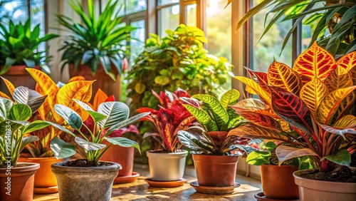 Vibrant indoor plants showcasing colorful leaves, basking in the gentle warmth of soft sunlight photo