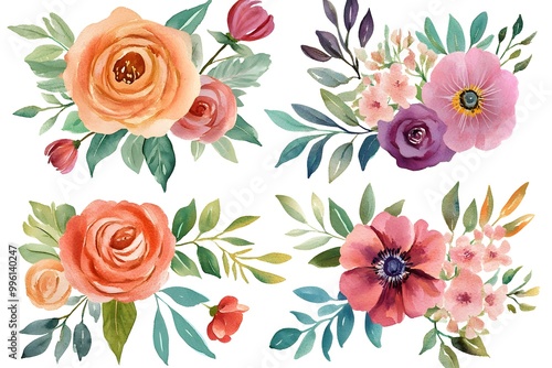 Set of watercolor flower bouquets, clipart isolated on a white background, in pastel colors,