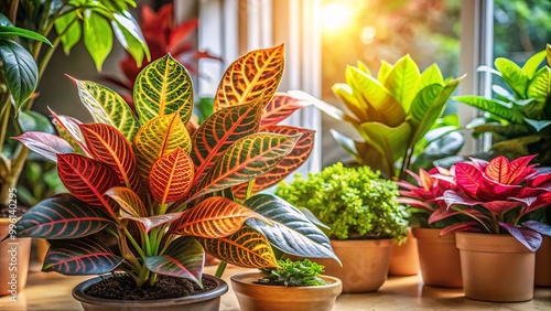 Vibrant indoor plants showcasing colorful leaves, basking in the gentle warmth of soft sunlight photo