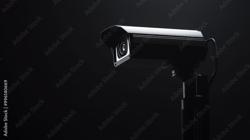 A sharp, detailed image of a security camera, standing out clearly against a black backdrop. A sharp, detailed image of a security camera, standing out clearly against a black backdrop.