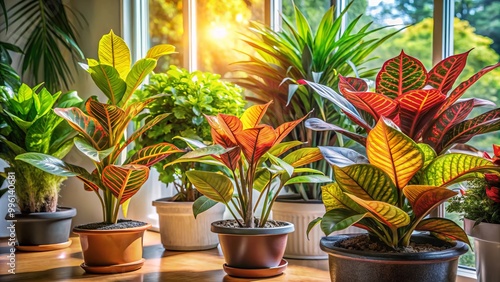 Vibrant indoor plants showcasing colorful leaves, basking in the gentle warmth of soft sunlight photo