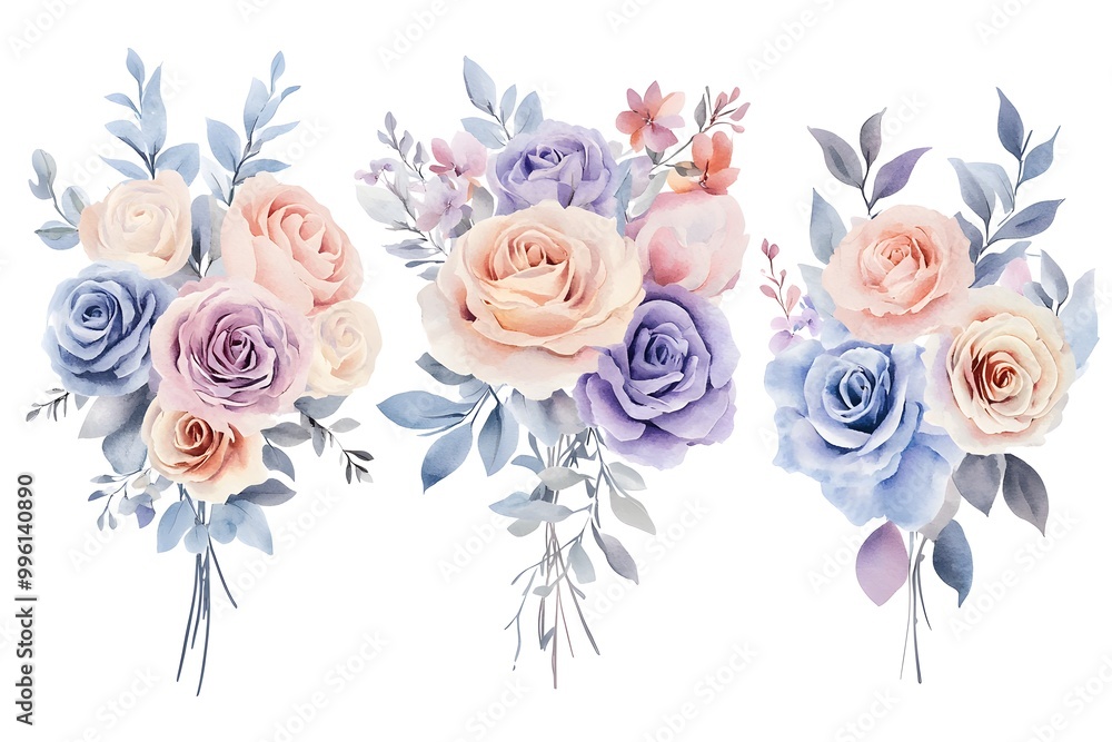 Set of watercolor flower bouquets, clipart isolated on a white background, in pastel colors, Set of watercolor flower bouquets, clipart isolated on a white background, in pastel colors,