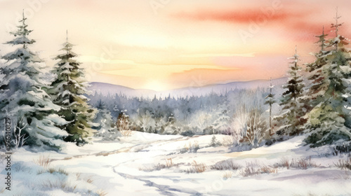 Wallpaper Mural Watercolor of a snowy Christmas landscape Torontodigital.ca