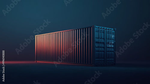single shipping container stands prominently against dark gradient background, illuminated with subtle hues of blue and orange, creating striking visual contrast