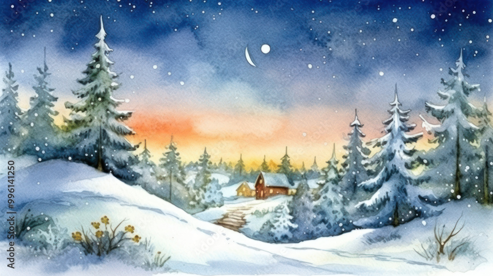 Watercolor of a snowy Christmas landscape Watercolor of a snowy Christmas landscape