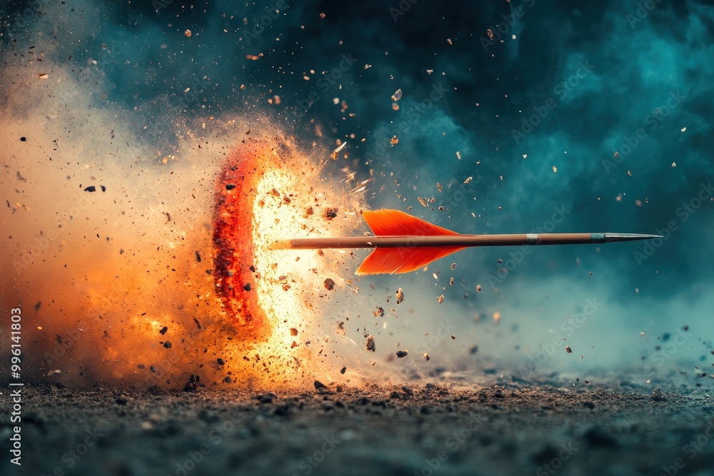 An arrow piercing a target, creating a fiery explosion and debris. An arrow piercing a target, creating a fiery explosion and debris.