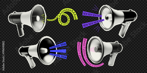 Vector loudspeaker for collage with elements of a doodle. Trendy elements with a halftone effect for collage, poster, banner, cover design.