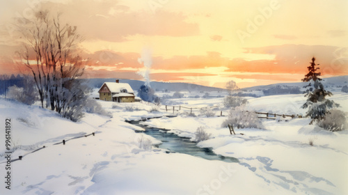 Watercolor of a snowy Christmas landscape